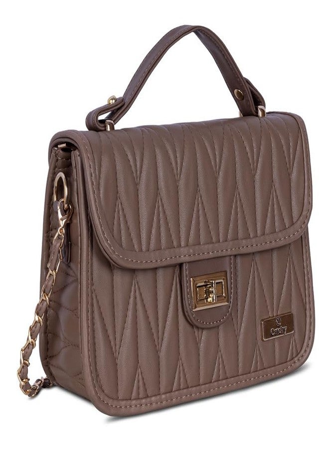 كاتشي حقيبة كتف نسائية جذابة من الجلد الصناعي البيج مع مشبك إغلاق - Image 2